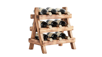 Elegant wooden wine rack with bottles, perfect for showcasing and storing fine wines in any home or restaurant setting.