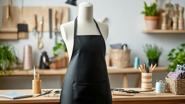 Mannequin with a black apron in a modern craft studio, surrounded by various tools, plants, and art supplies on wooden shelves.