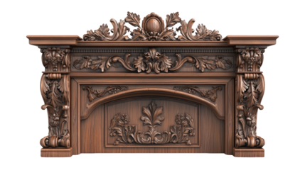 Intricate wooden mantel decor featuring elegant carvings and detailed floral designs, perfect for vintage interior aesthetics.