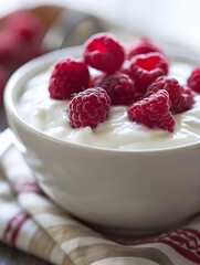 Bowl of Yogurt with Raspberries