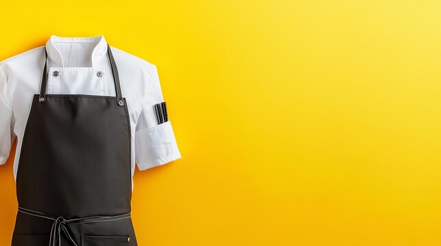 Chef uniform with black apron on a vibrant yellow background. Professional kitchen attire symbolizing culinary excellence and hospitality.