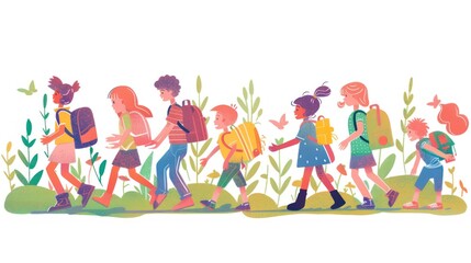 Children with backpacks walking through a field of flowers and plants
