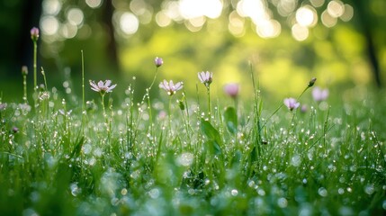 Fototapeta premium A serene meadow with delicate flowers and dew drops in soft sunlight.