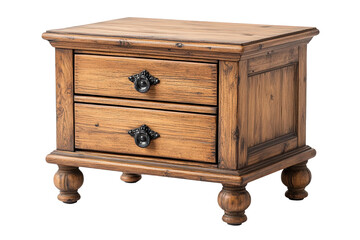 Rustic wooden nightstand with two drawers and decorative handles, perfect for bedroom storage and vintage decor.
