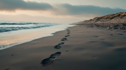 Footprints in the soft sand along a tranquil beach, capturing a peaceful moment at the edge of the ocean under cloudy skies.