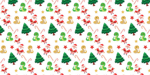 New Year's pattern, year of the snake, snake in two colors, tree, santa claus, candy, star, Seamless pattern on a dark background Christmas greeting idea