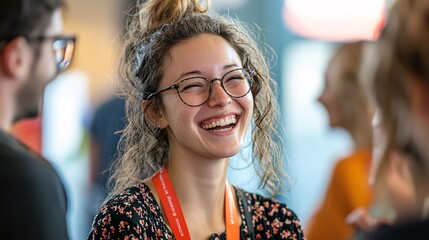 Joyful woman laughing with friends in a vibrant atmosphere, showcasing happiness and connection during a social gathering.