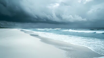 Obraz premium Moody beach scene with dramatic clouds and gentle waves, capturing the serene beauty of nature's coastline.