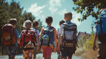 Children Walking Away from the Camera with Backpacks on a Sunny Day