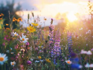 Obraz premium Colorful wildflowers bloom under a golden sunset in a serene meadow