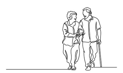 Continuous line drawing of senior couple walking with a cane. single-line art of an Elderly couple's grandparents isolated on a white background.