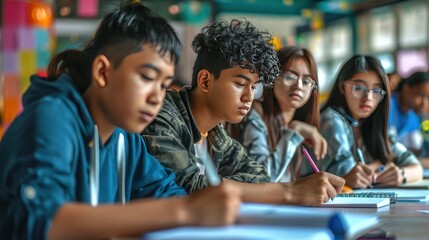 Obraz premium Students Focused on Taking Notes in a Classroom Setting