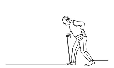 Continuous line drawing of senior man walking with a cane.single-line art of an Elderly man grandfather or senior man isolated on a white background. 
