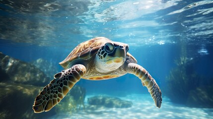 Obraz premium A photo of a curious sea turtle