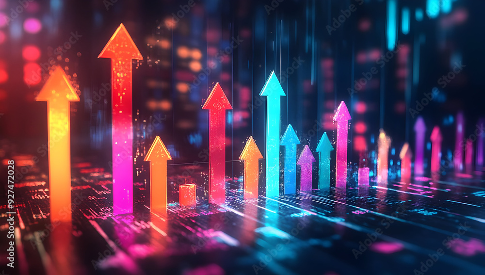 Poster vibrant digital arrows representing growth and progress in a futuristic setting with abstract graphi