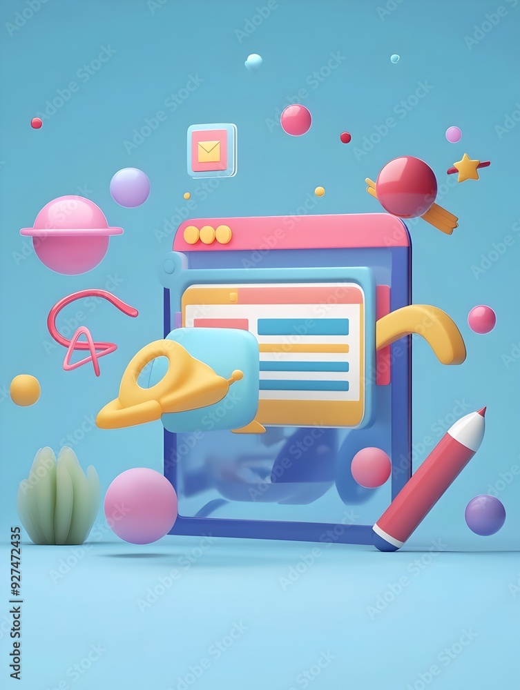 Poster vibrant 3d abstract composition with geometric shapes patterns and colorful elements