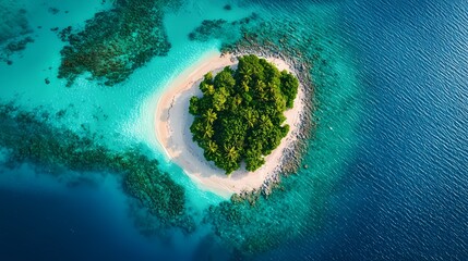 A picturesque aerial view of a serene tropical island surrounded by crystal clear water and vibrant underwater coral.