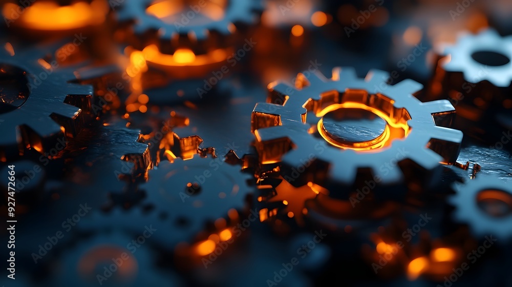 Poster metallic gears and cogs meshing together in a technological abstract background showcasing industria
