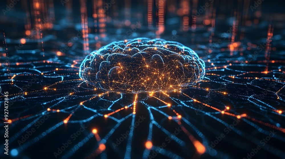 Poster futuristic brain network with glowing connections and data flows