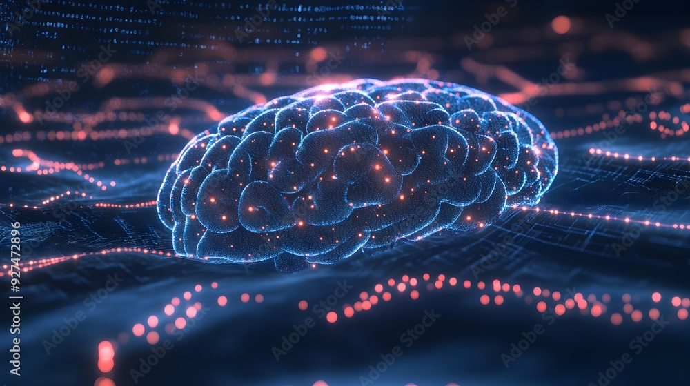 Aufkleber glowing neural network brain futuristic digital technology and intelligence concept