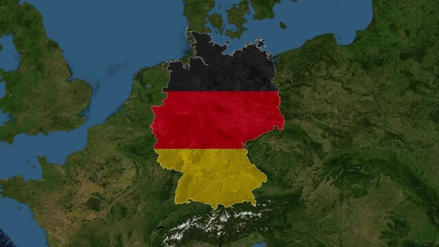 Zoom from Earth to Germany. (Country Flag) World map province animation with highlighted borders of countries. Images from NASA