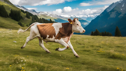 Obraz premium Running Cow in Alpine Meadow, Black and White Cow on Mountain Pasture,Free-Roaming Cow in Swiss Alps