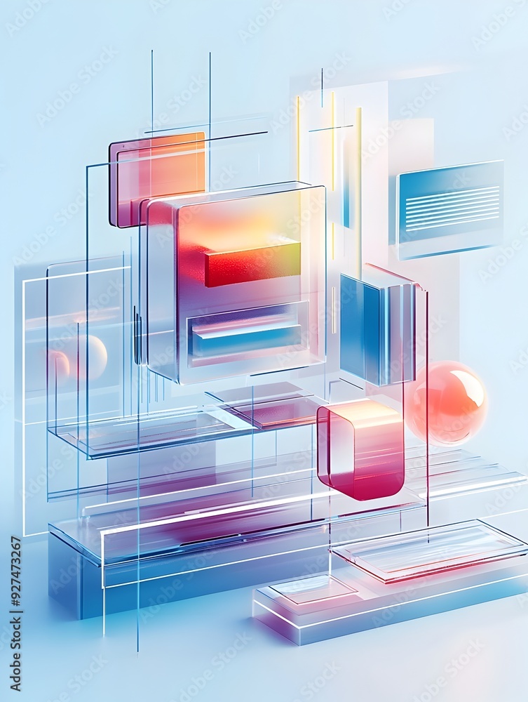 Poster surreal geometric prismatic abstract composition with vibrant color gradients and transparent shapes