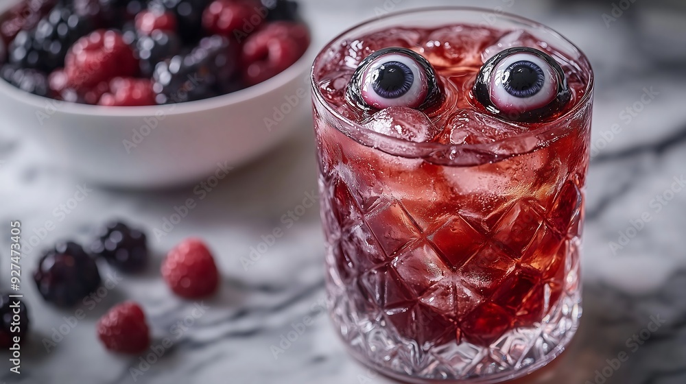 Wall mural a dark red cocktail with ice cubes and two realistic-looking eyeballs in the glass