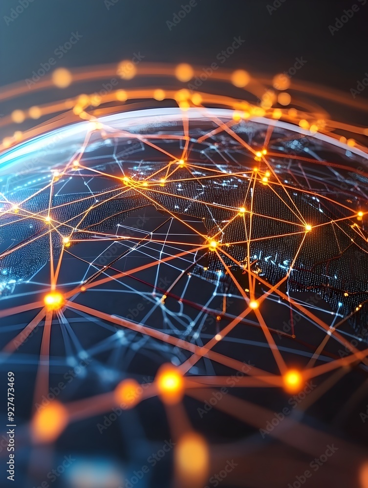Poster glowing digital global network visualization with shining nodes and connections representing the fut