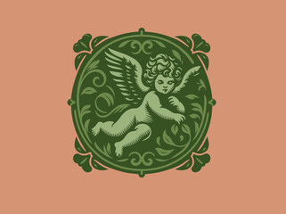 Cute little flying cupid cherub. Vector patterned illustration, emblem, logo