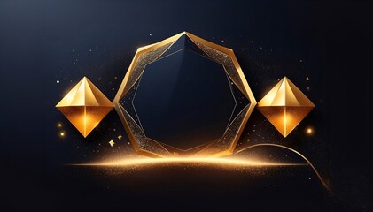Gold podium for product presentation vector illustration. Abstract empty golden award platform with neon glowing round frame and rays, glitter confetti sparkle rain falling from above background