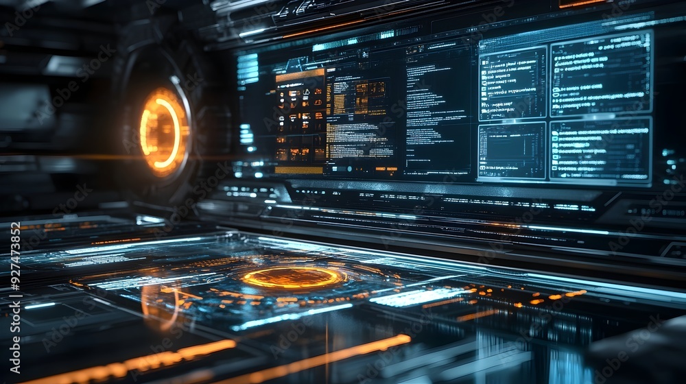 Poster immersive futuristic digital interface with glowing holographic displays and data visualizations