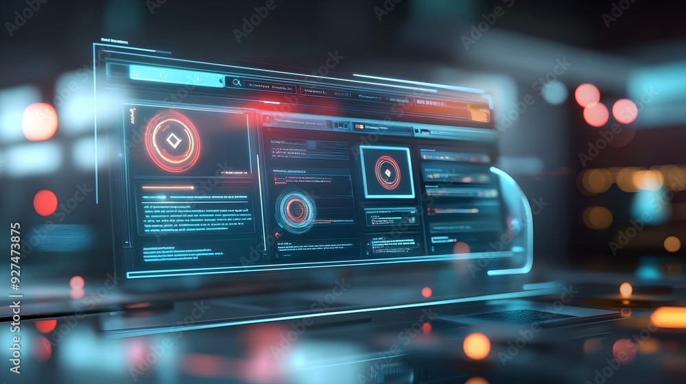 Poster futuristic digital interface dashboard with holographic hud data analytics display