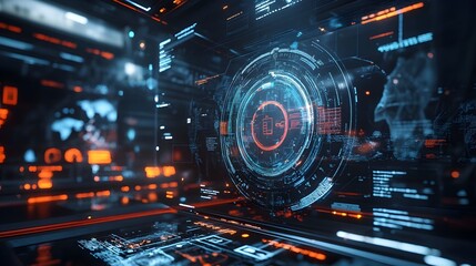 Futuristic Digital Interface with Holographic HUD and Neon Atmosphere