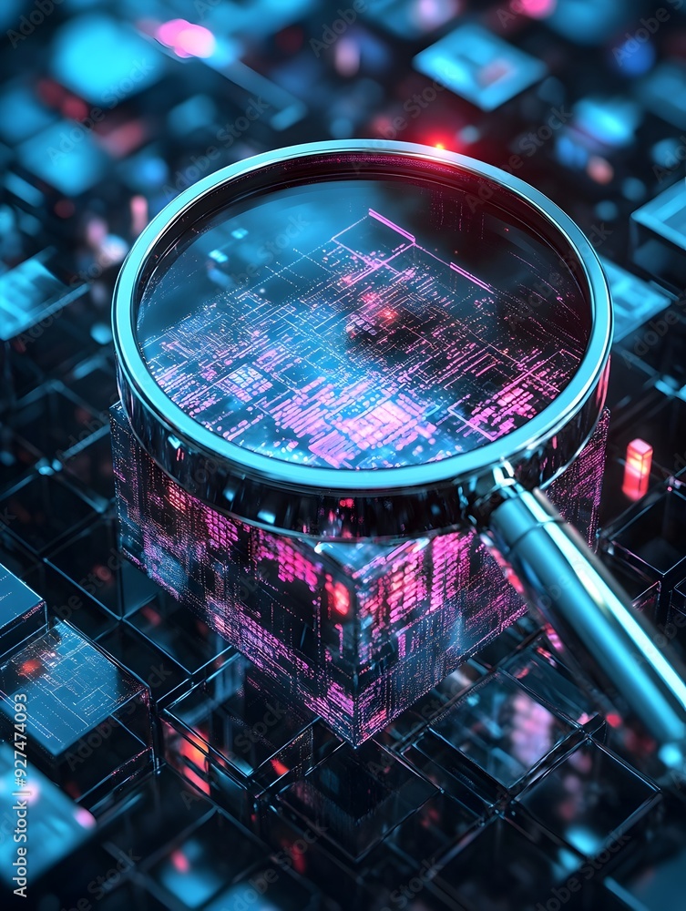 Poster magnifying glass examining intricate digital circuitry technological advancements and data