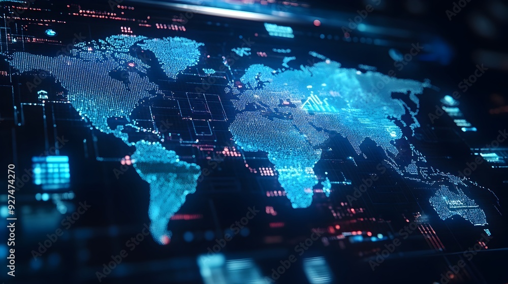 Aufkleber futuristic digital world map with data network and intelligence