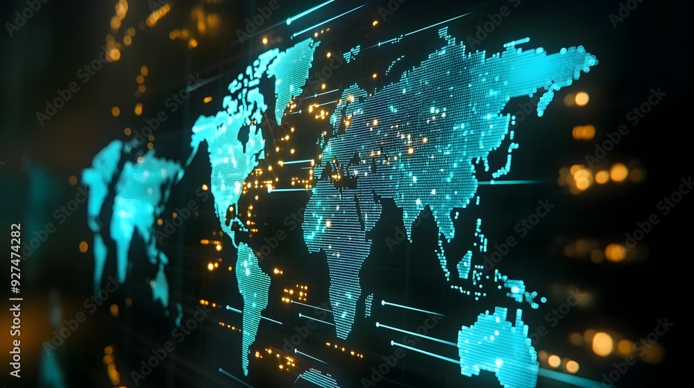 Poster dynamic illuminated global network visualization on vibrant world map background