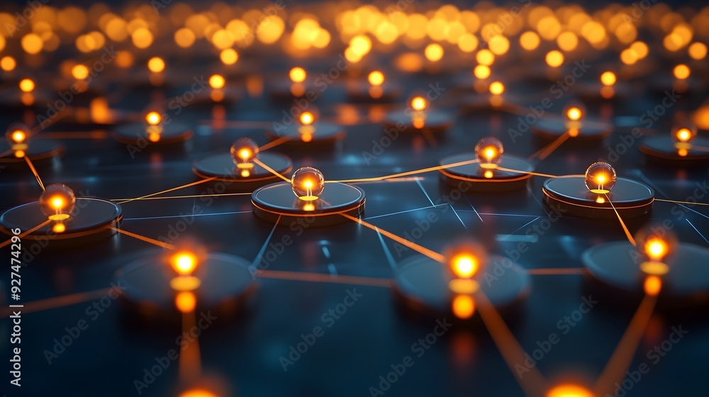 Poster futuristic digital network landscape with glowing geometric patterns and connections