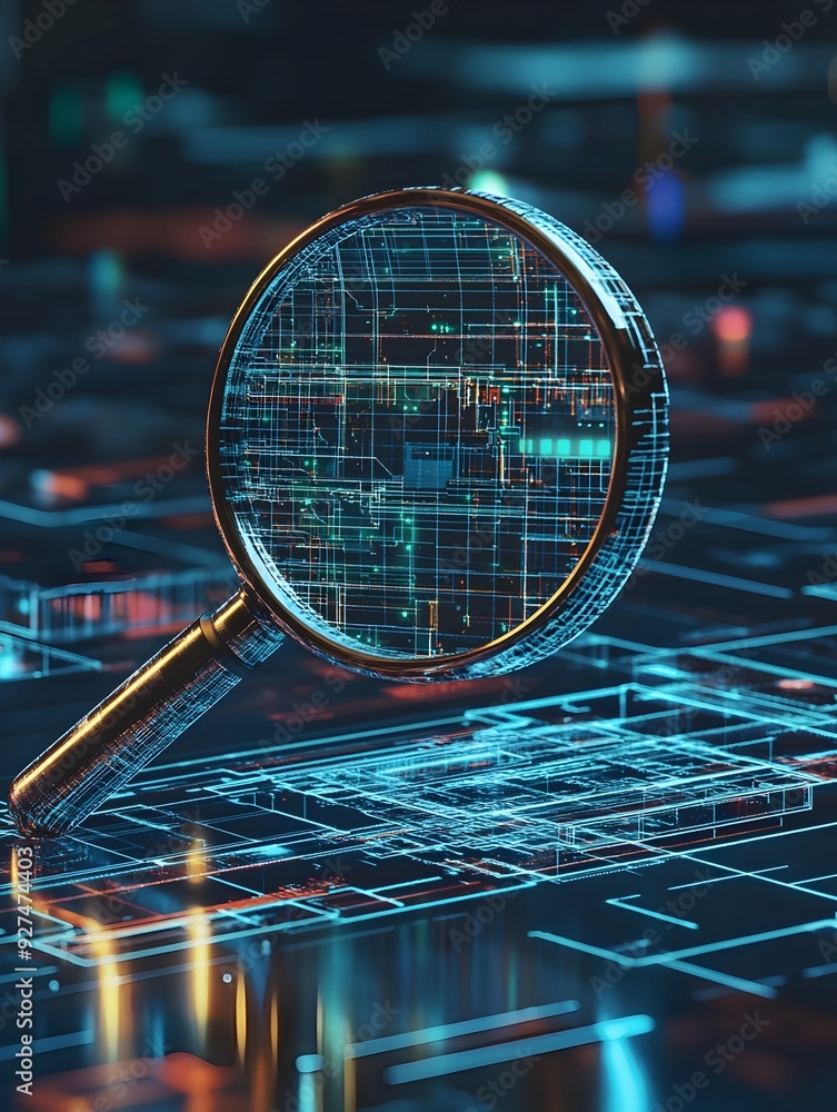 Poster futuristic digital network abstract with magnifying glass and data visualization