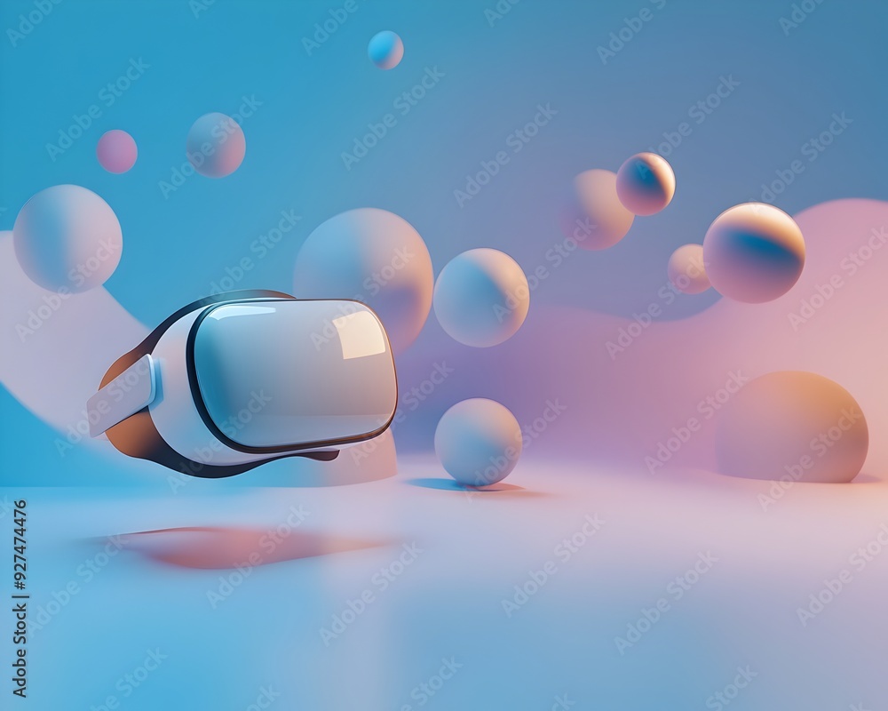 Poster futuristic virtual reality headset floating in surreal multicolor abstract space with glowing sphere