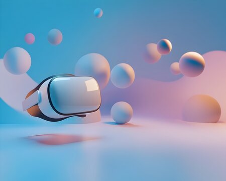 Futuristic virtual reality headset floating in surreal multicolor abstract space with glowing spheres