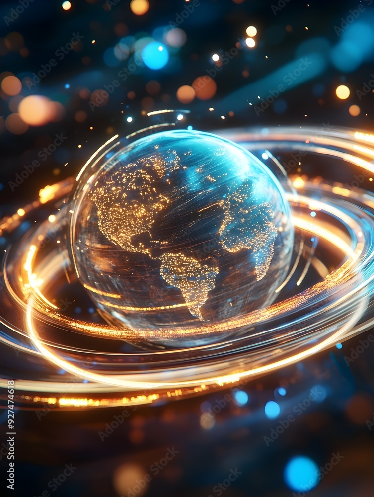 Poster glowing earth globe in dynamic cosmic setting representing global connectivity and technological adv