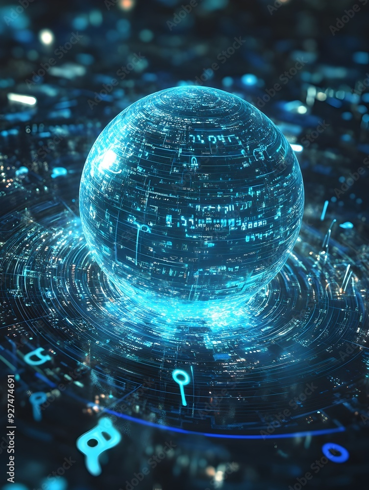 Poster futuristic digital sphere with wireframe grid and glowing lights on dark background