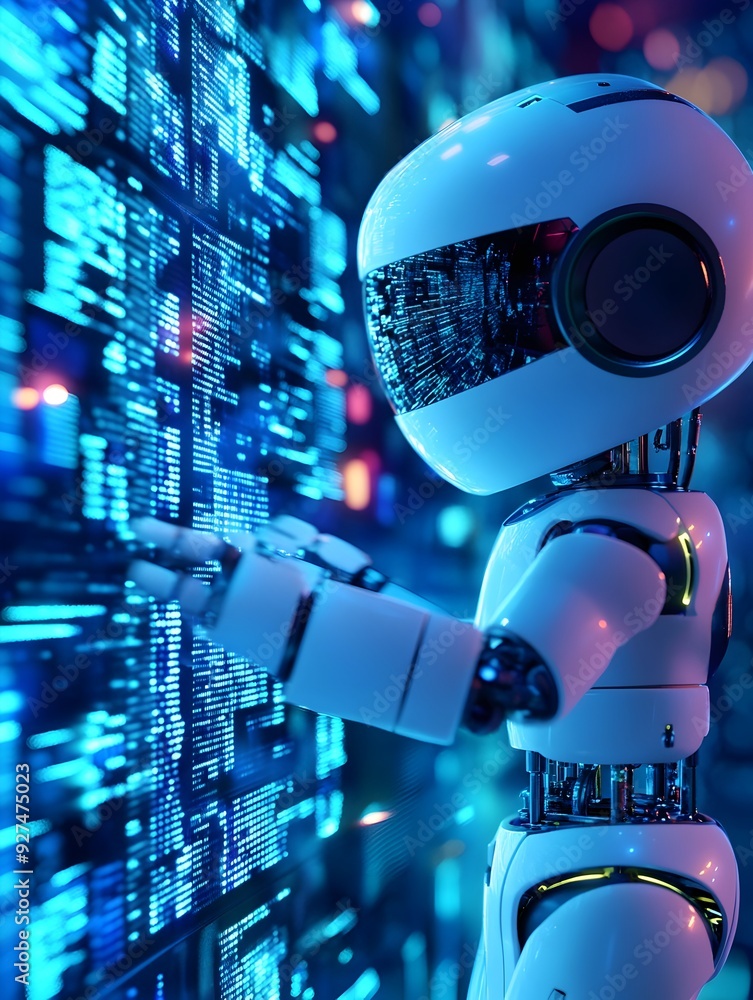 Poster futuristic robot analyzing digital data and technology in hi tech environment