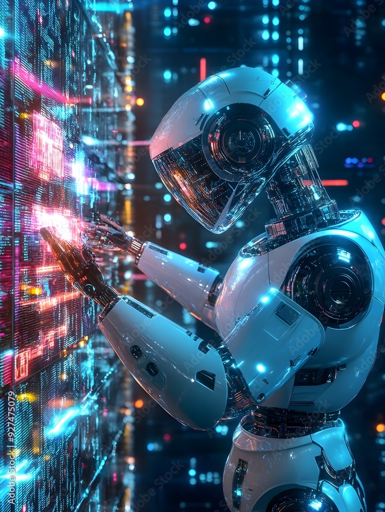 Poster futuristic robotic cyborg examining digital data and coded information in glowing neon landscape
