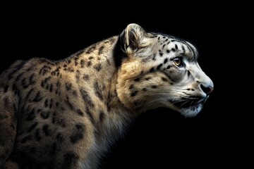Fototapeta premium Photo of a snow leopard isolated against a black background, emphasising the snow leopard's majestic features. Wildlife and conservation concept, space for copy.