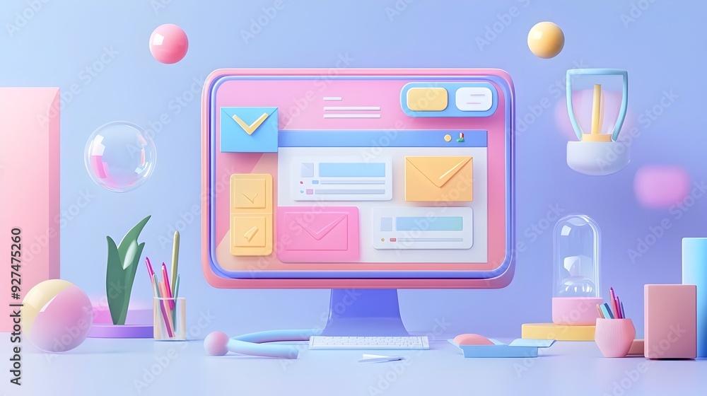 Poster digital workplace components displayed on computer screen in pastel studio scene