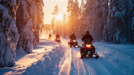 Snowmobile Riders in a Snowy Forest at Sunset