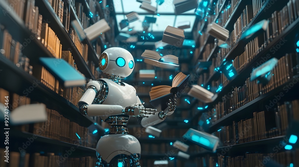 Poster futuristic robot in a digital library with bookshelves full of knowledge and information concept of 