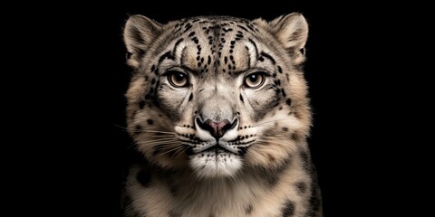 Obraz premium Photo of a snow leopard isolated against a black background, emphasising the snow leopard's majestic features. Wildlife and conservation concept, space for copy.
